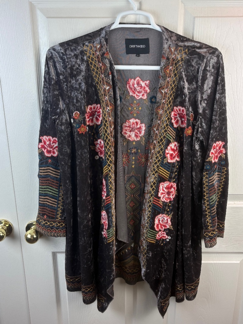 Driftwood Open Front Velvet Embroidered Floral Kimono